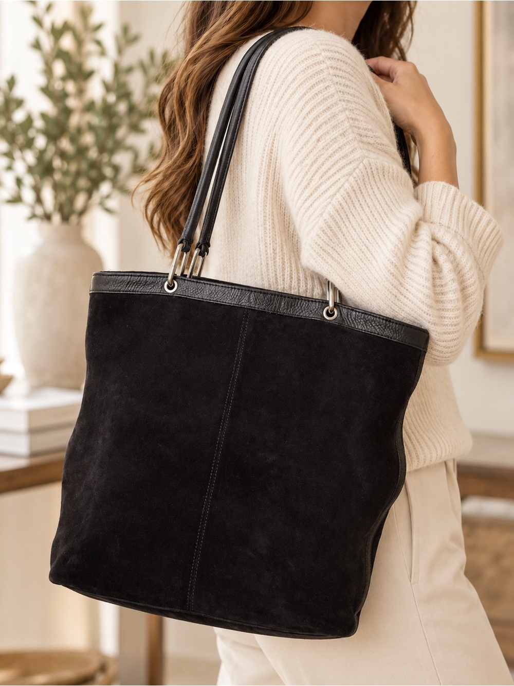 Vintage Banana Republic Black Suede Leather Tote Bag Y2K Shoulder Bag